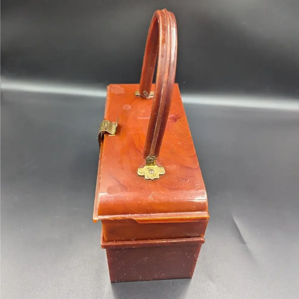 Vintage Marbled Lucite Style Purse Trinket Jewelry Box Amber Brown Brass Clasp